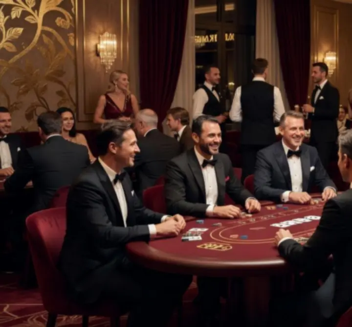 Hosté si užívají luxusní casino night večírek s pokerem a ruletou