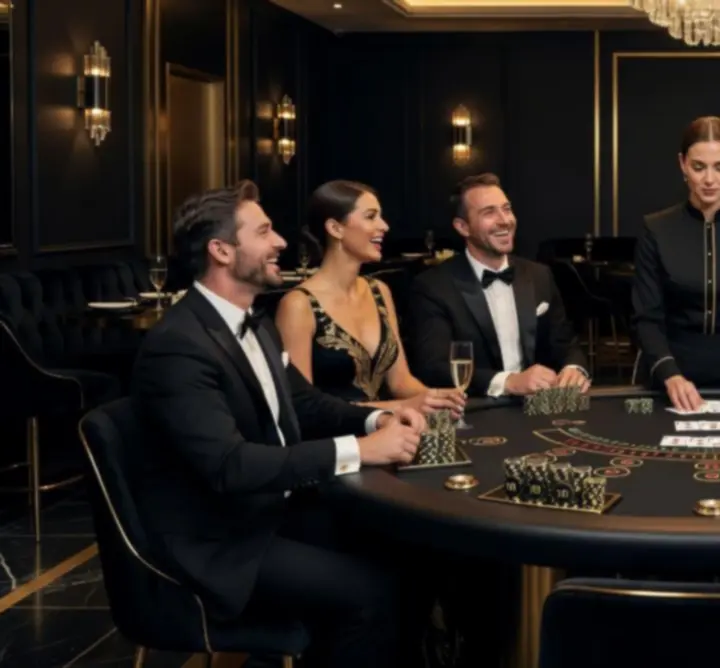 Casino night s ruletou, pokerovými stoly a hosty v elegantním oblečení