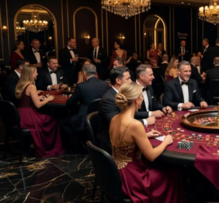 Luxusní casino večírek s hosty u pokerového stolu