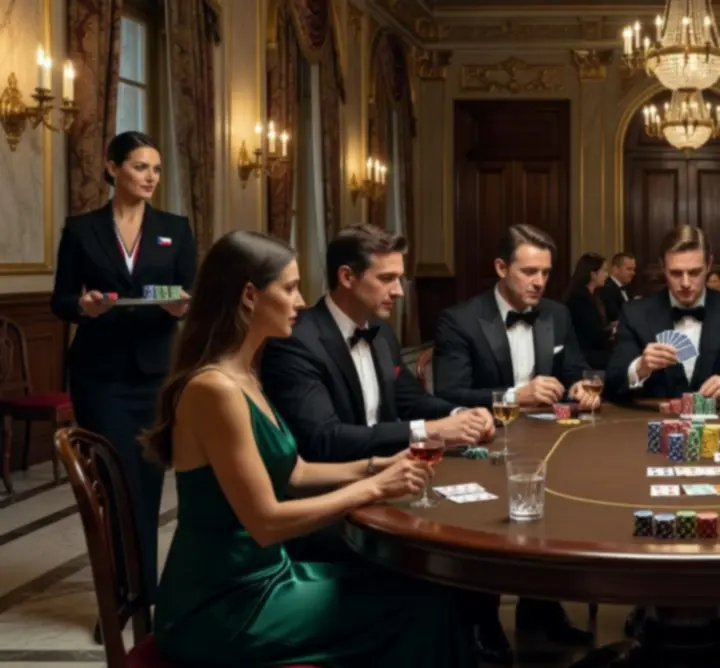 Hosté u pokerového stolu během moderovaného pokerového turnaje