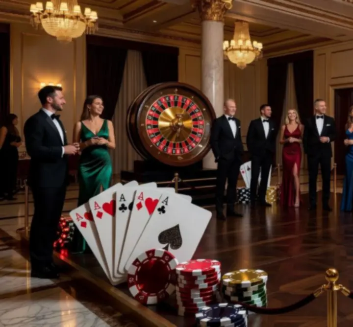 Tematický večírek ve stylovém ballroomu s osvětlením a hosty